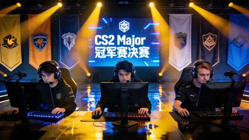 CS2 Major冠军赛决赛舞台与选手准备画面 - 聚光灯下的比赛场馆