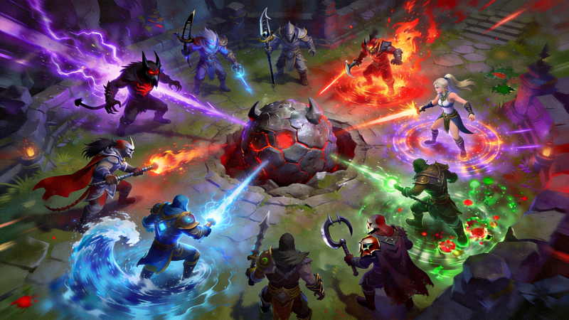 DOTA2游戏内肉山团战，众多英雄释放技能的华丽特效画面